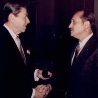 President Ronald Reagan presents the Gold Eagle award for Silencing Communism to Dr. Henry A. Fischer, President of ASCF